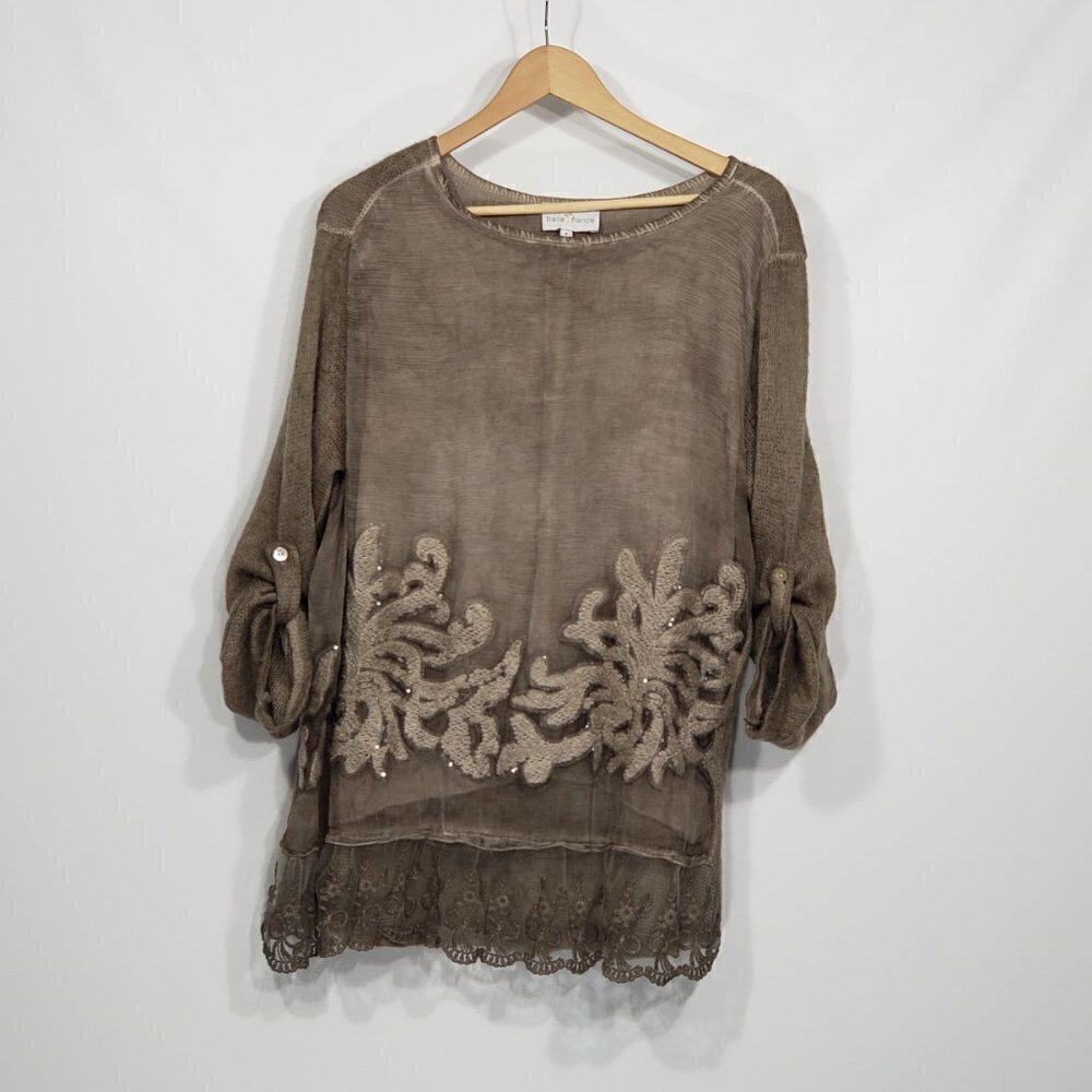Belle France  Brown Tunic Top  with Roll-up Sleeves  Lace Bottom Lagenlook Small